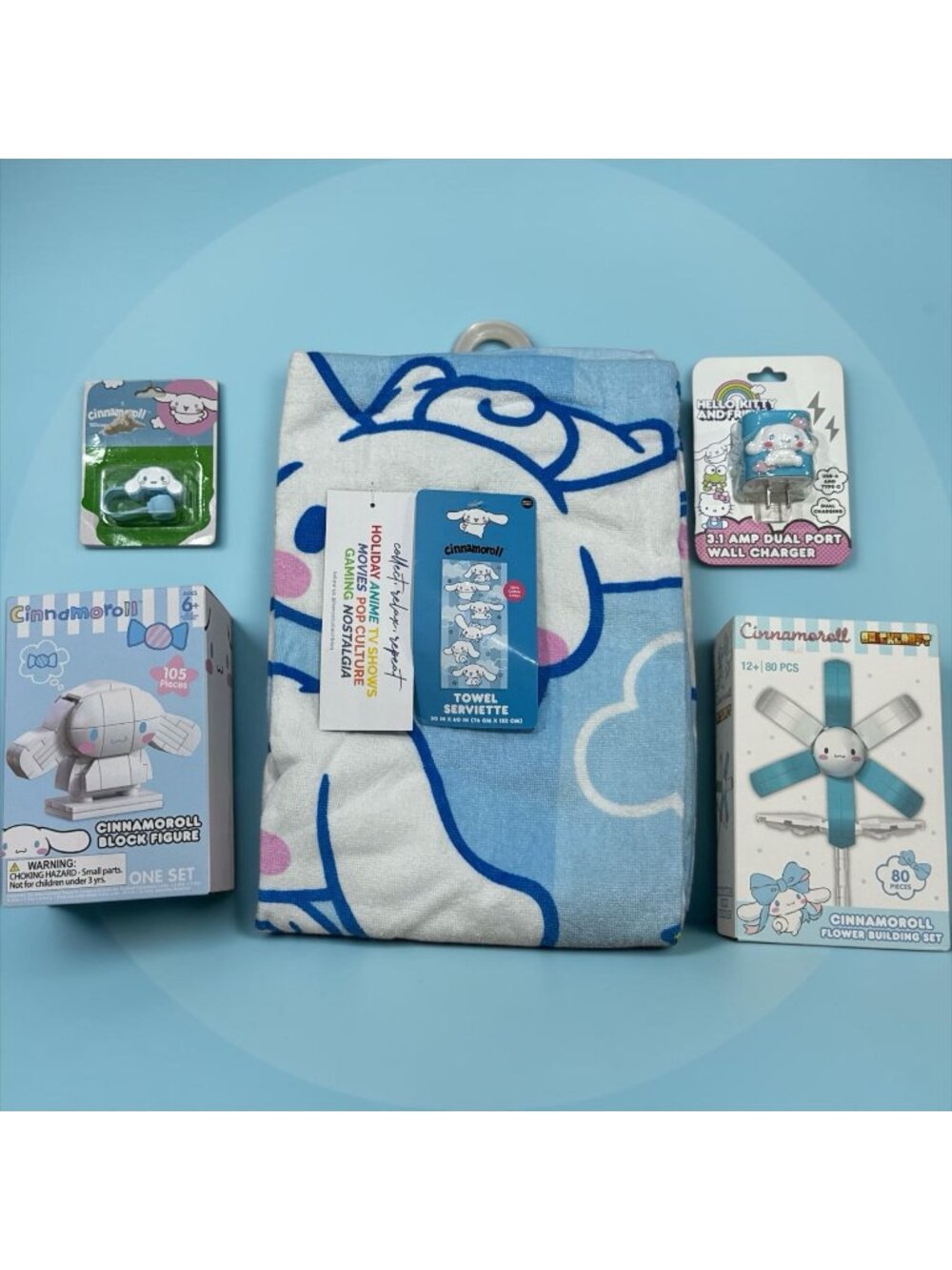 Sanrio Cinnamoroll Gift Set With Towel Block Figure Flower Building Set & Dual P